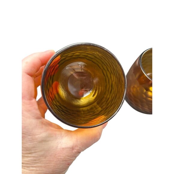 Pair Vintage Roly Poly Faceted Amber Gold Honeycomb Stemless Rocks Glasses - Picture 4 of 9